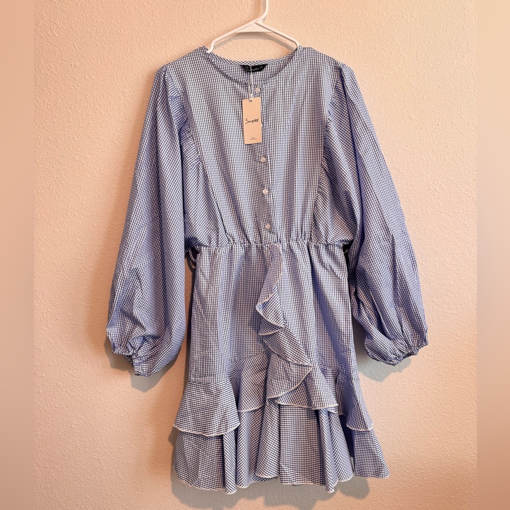 Simplee Gingham Blue Ruffle Mini Dress with Puff Sleeves - Size L